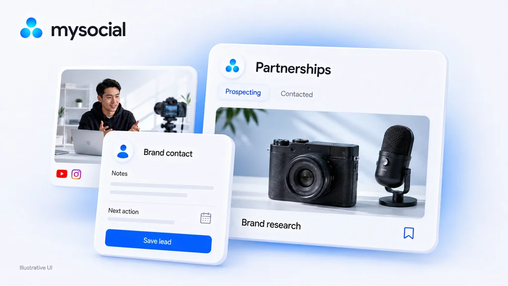 Conceptual Mysocial Partnerships cards show brand research alongside a saved contact, notes and a next action.