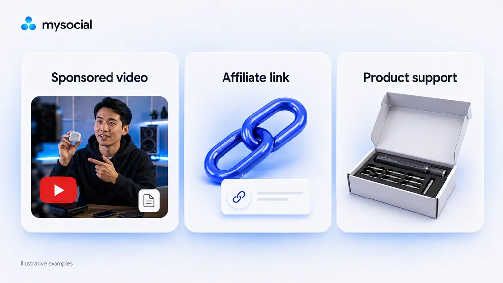 Three illustrative cards show a sponsored video, an affiliate link and product support as distinct partnership arrangements.