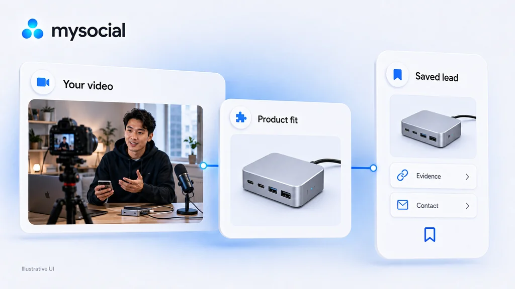 A fictional filming-desk video brief connects to a product-fit card and a saved brand lead with evidence and contact notes.