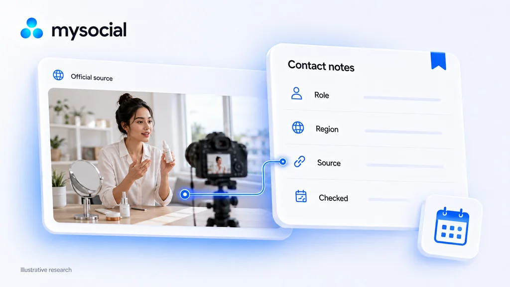 An illustrative source page sits beside a contact research note with role, region, source and check-date fields.