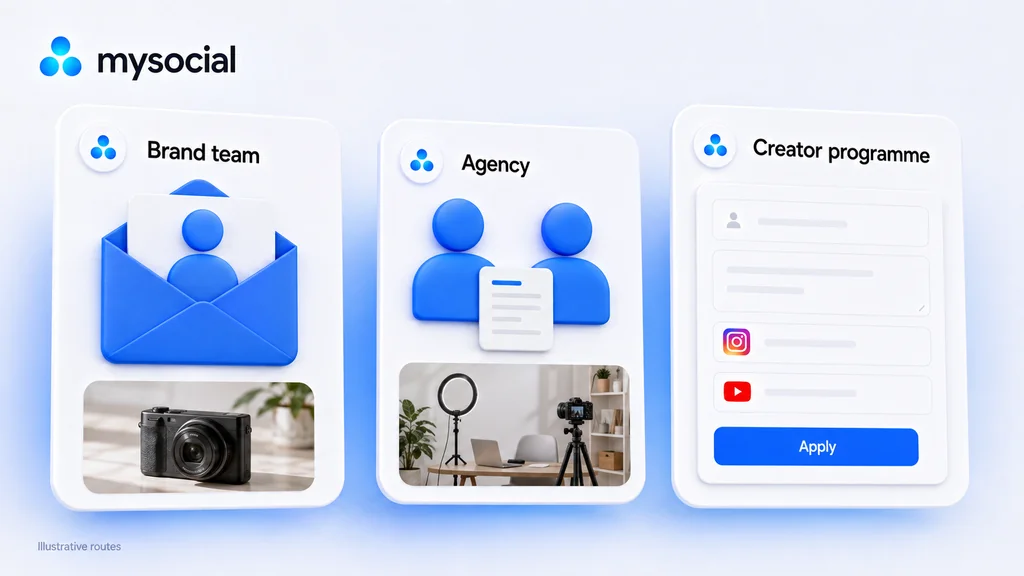 Three illustrative cards show a brand team inbox, an agency and a creator application as alternative contact routes.