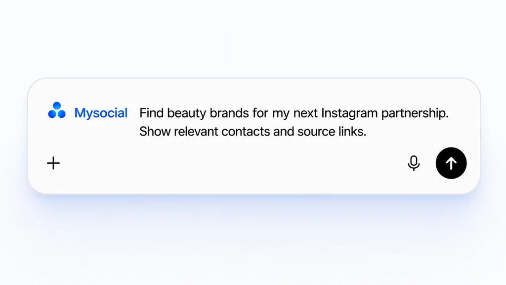 Illustrative ChatGPT composer with Mysocial tagged and a prompt to find beauty brands, relevant contacts and source links.