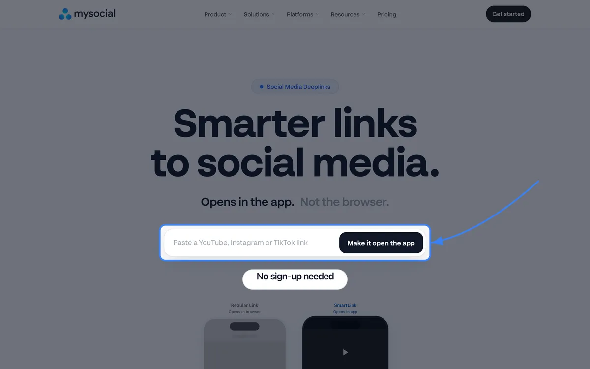 The Smart Link generator at the top of the Mysocial SmartLink page, with a box to paste a link