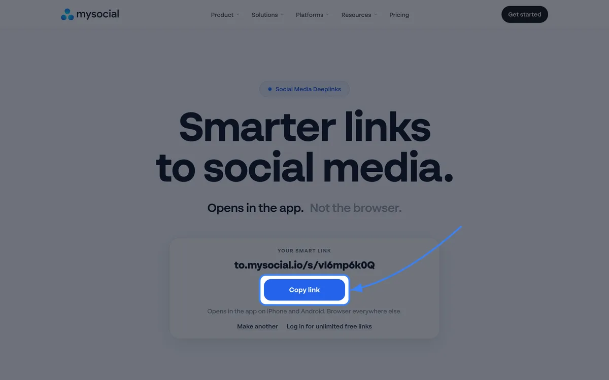 The finished Instagram deep link on to.mysocial.io with the Copy link button highlighted