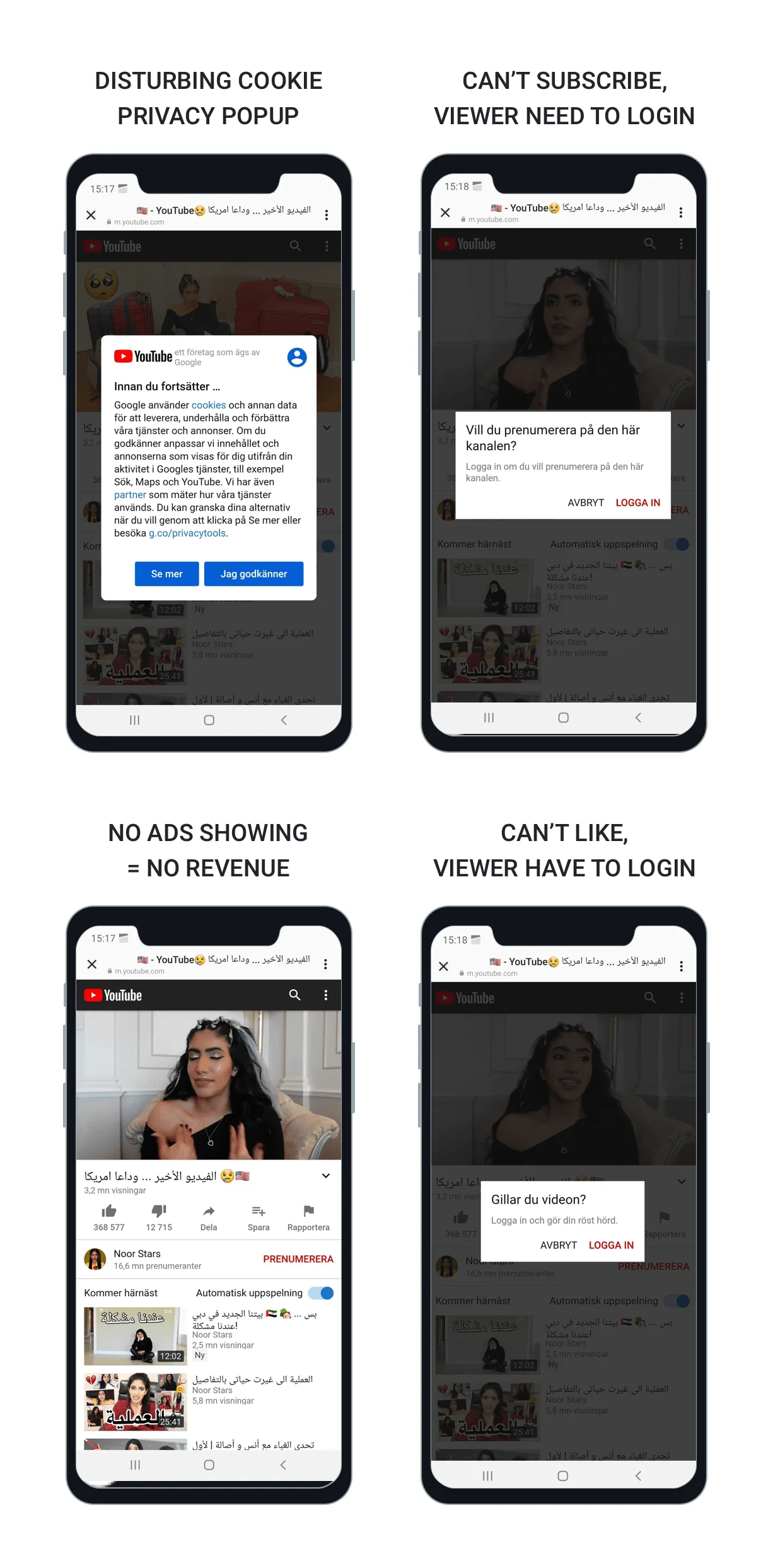 Regular YouTube link opening in Instagram's in-app browser with cookie popup and login wall