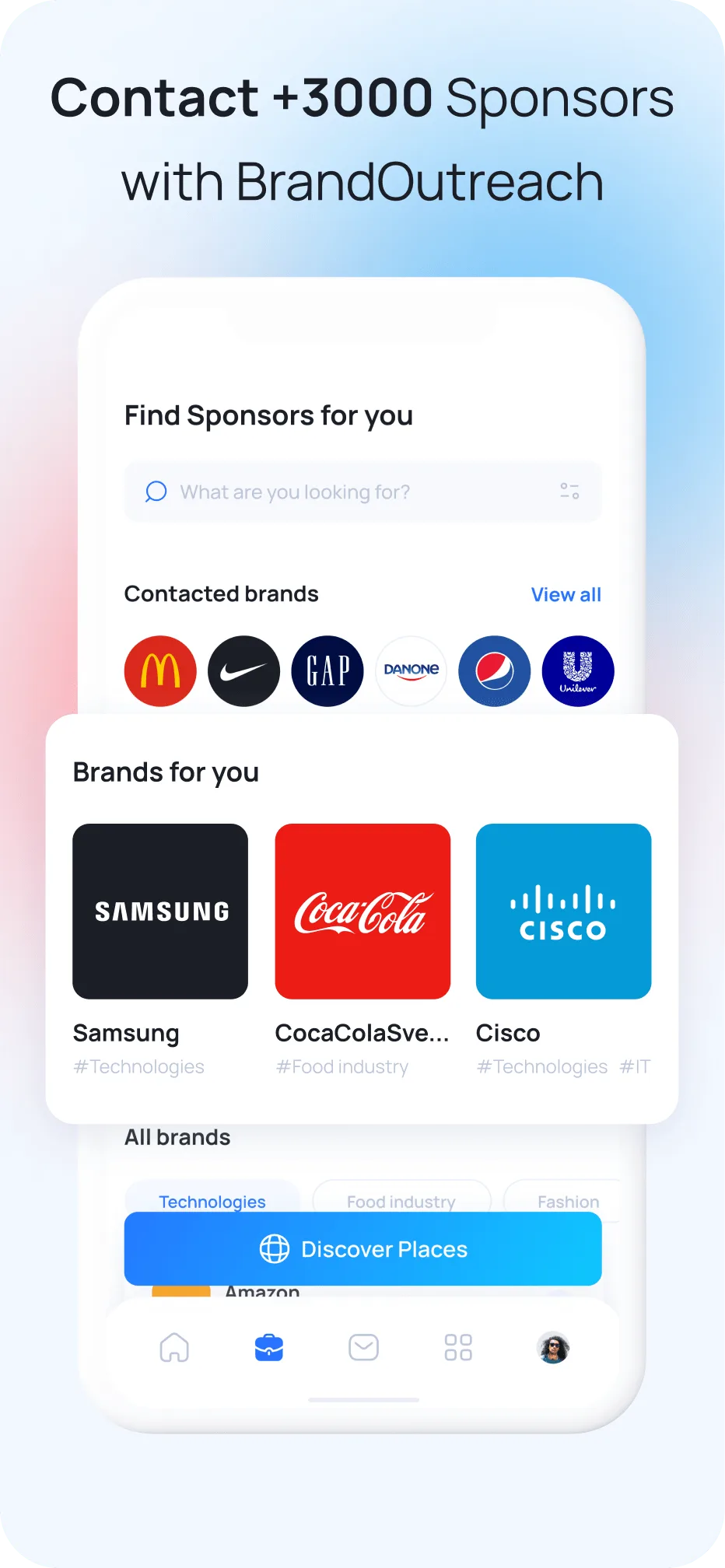 MySocial sponsor search showing brand database with industry filters and decision-maker contacts