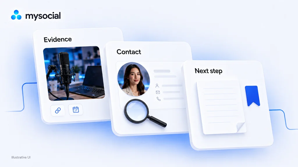 Illustrated evidence, contact and next-step cards show the context to preserve when moving a sponsor shortlist.