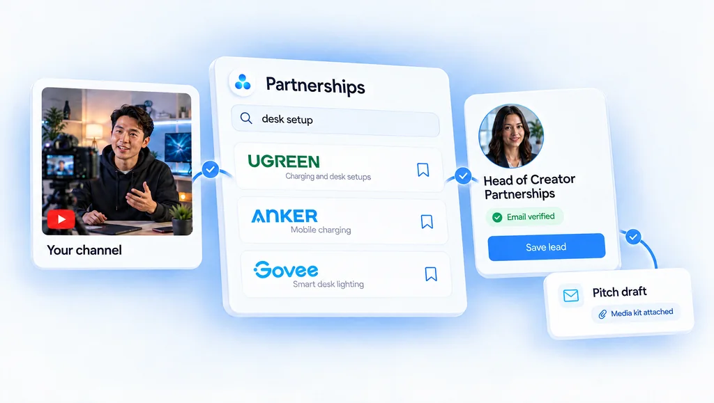 Partnerships in Mysocial: from your channel, a desk setup search finds UGREEN, Anker and Govee, then the Head of Creator Partnerships with a verified email, and a pitch draft that includes your Media Kit link.