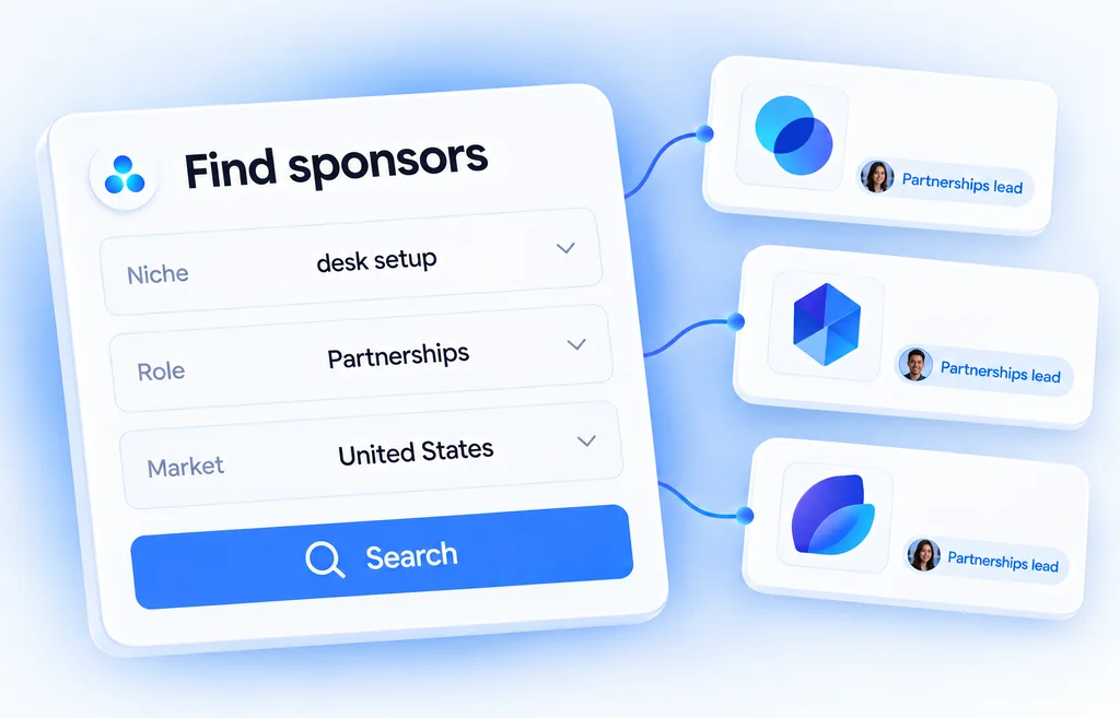 A Find sponsors search for the desk setup niche, the Partnerships role and the United States, returning brands with a partnerships lead at each.