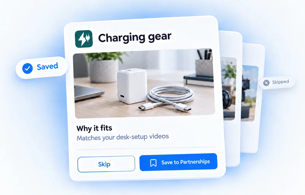 A charging gear brand card explaining why it fits your desk-setup videos, with Skip and Save to Partnerships buttons.