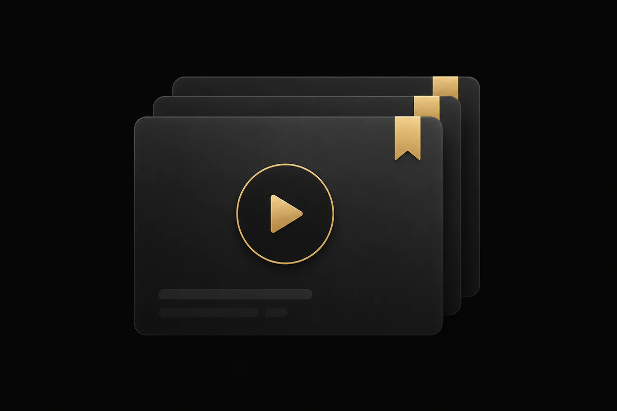 Stack of premium digital course and template cards with gold bookmarks