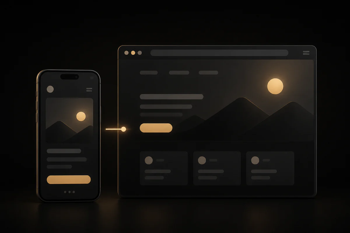 A mobile app beside a desktop browser showing a web app and website